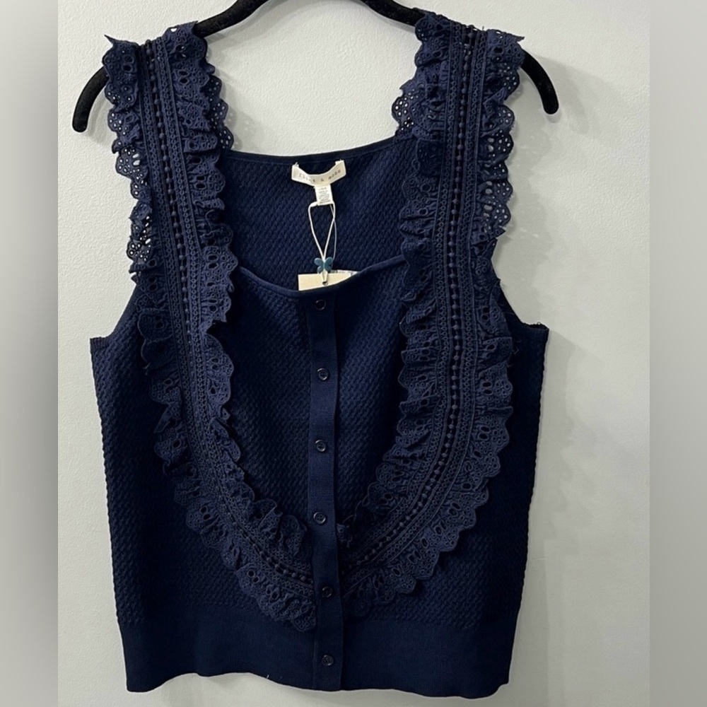 Navy Lace Square neck Trim Sleeveless Blouse Flint & Moss Small